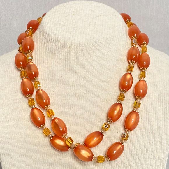 Orange Gold Necklace Glsss Oval And Small Faceted Clear Beads Magnetic Clasp - Picture 2 of 11
